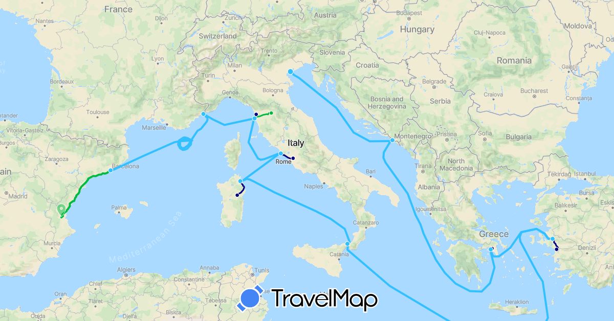 TravelMap itinerary: driving, bus, boat in Spain, Greece, Croatia, Italy, Monaco, Turkey (Asia, Europe)